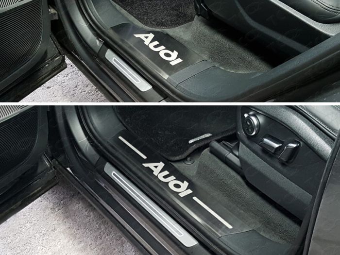 Door sill guards Audi Q7 2015 to 2022, Audi lettering, brushed stainless steel steel, ext. painted-t 4 pcs., TSS Tuning art. AUDIQ715-02