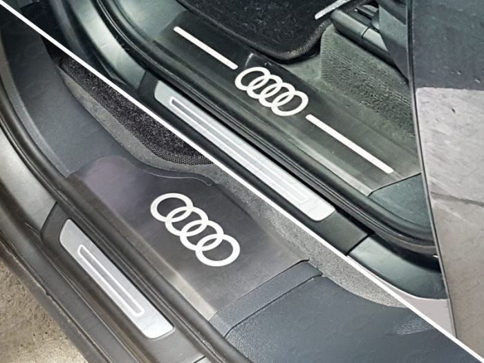 Door sills Audi Q7 from 2015 to 2022, Audi logo, on plastic, brushed stainless steel steel, set of 4 pcs., TSS Tuning art. AUDIQ715-05