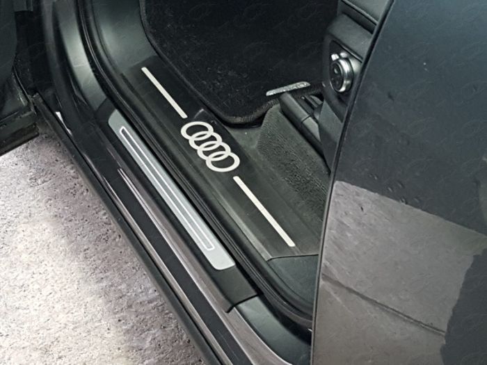 Door sills Audi Q7 from 2015 to 2022, Audi logo, on plastic, brushed stainless steel steel, set of 4 pcs., TSS Tuning art. AUDIQ715-05