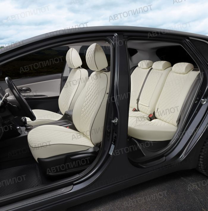 Seat covers Lada Vesta from 2015 to 2022, sedan, station wagon, cross, Rhombus pattern, eco-leather, white, Autopilot