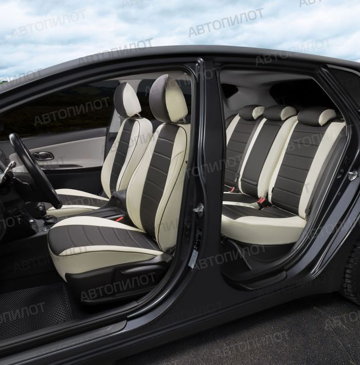 Seat covers Lada Vesta from 2015 to 2022, sedan, station wagon, cross, drawing Stitching, eco-leather, white + black, Autopilot