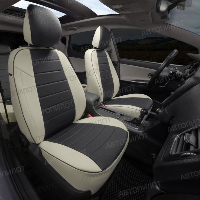 Seat covers Lada Vesta from 2015 to 2022, sedan, station wagon, cross, drawing Stitching, eco-leather, white + black, Autopilot