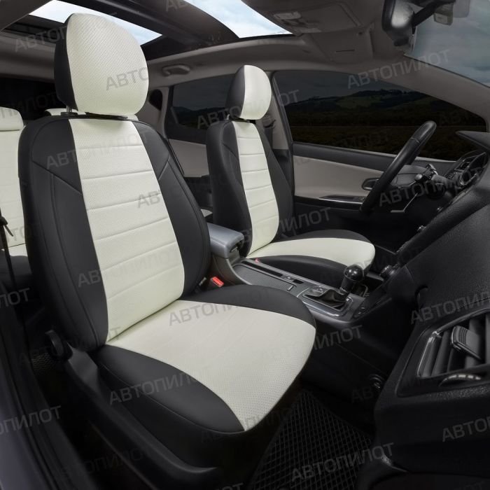 Seat covers for Nissan X-Trail T32 from 2015 to 2022, pattern Stitching, eco leather, black + white, Autopilot