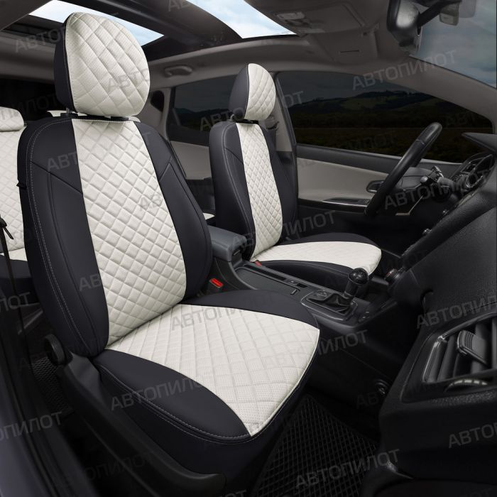 Seat covers for Daewoo Gentra from 2013 to 2015, diamond pattern, eco leather, black + white, Autopilot