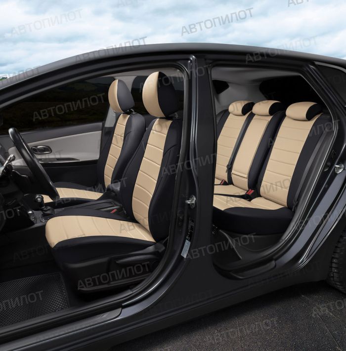 Seat covers Lada Vesta from 2015 to 2022, sedan, station wagon, cross, pattern Stitching, eco-leather, black + beige, Autopilot