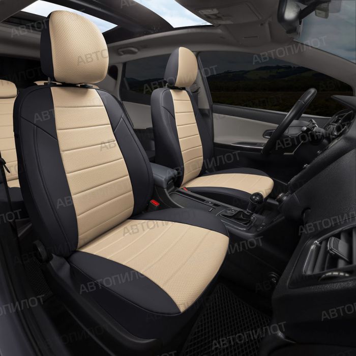 Seat covers Lada Vesta from 2015 to 2022, sedan, station wagon, cross, pattern Stitching, eco-leather, black + beige, Autopilot