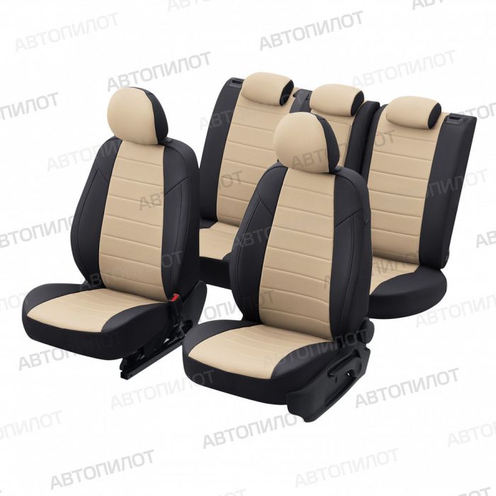 Seat covers Lada Vesta from 2015 to 2022, sedan, station wagon, cross, pattern Stitching, eco-leather, black + beige, Autopilot