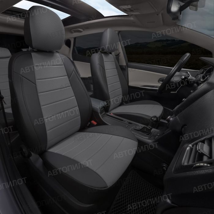 Seat covers for Nissan X-Trail T32 from 2015 to 2022, pattern Stitching, eco leather, black + grey, Autopilot