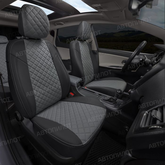 Seat covers for Skoda Rapid from 2014 to 2022, rear backrest 40/60, without armrest, Rhombus pattern, eco leather, black + grey, Autopilot