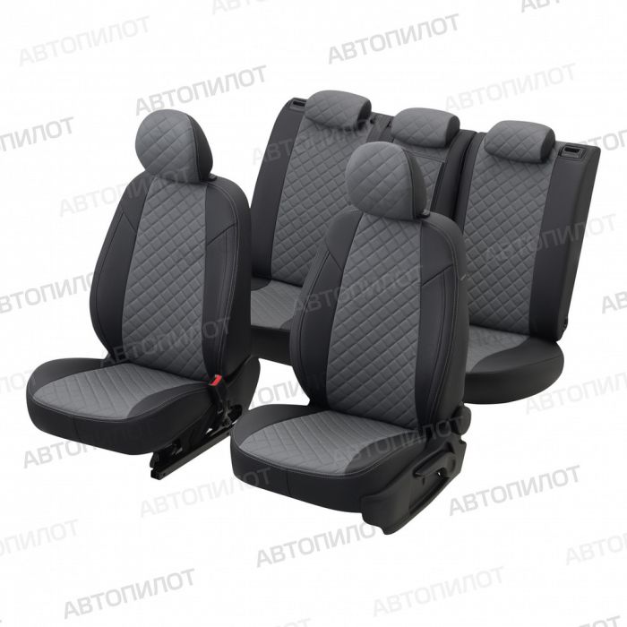 Seat covers for Skoda Rapid from 2014 to 2022, rear backrest 40/60, without armrest, Rhombus pattern, eco leather, black + grey, Autopilot