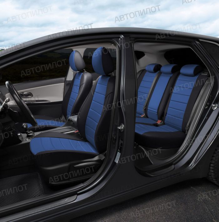 Seat covers for Renault Duster from 2011 to 2015, without airbags in lane. seats, rear split backrest 40/60, pattern Stitching, Alcantara, black + blue, Autopilot