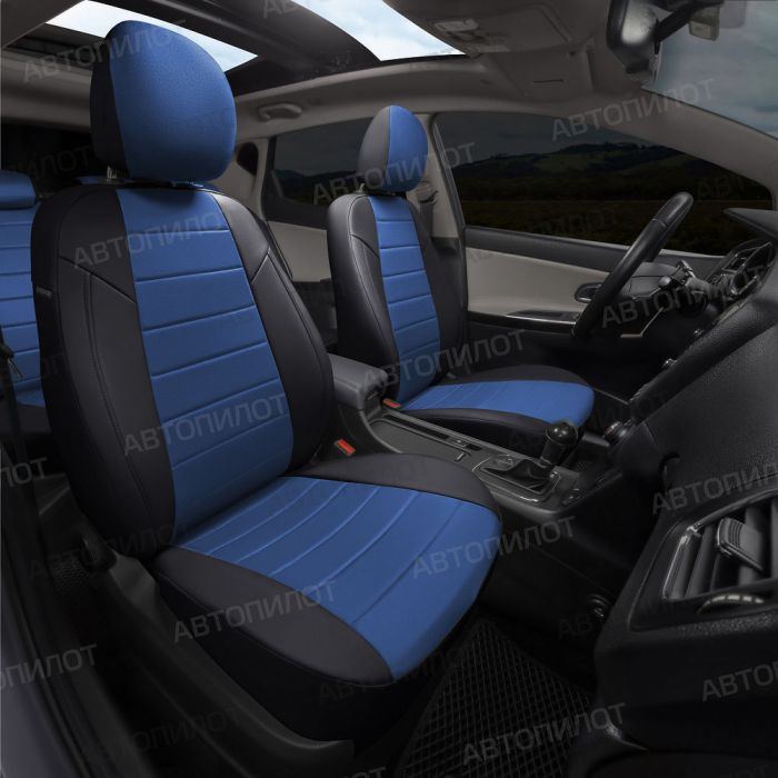 Seat covers for Renault Duster from 2011 to 2015, without airbags in lane. seats, rear split backrest 40/60, pattern Stitching, Alcantara, black + blue, Autopilot