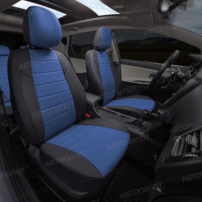 Seat covers Audi A6 C7 from 2011 to 2018, sedan, rear. backrest split 40/60, pattern Stitching, eco leather, black + blue, Autopilot