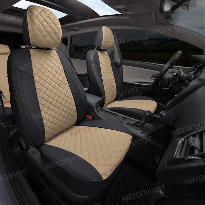 Seat covers for Kia Rio from 2017 to 2022, incl. X-Line, Rhombus pattern, eco leather, black + dark beige, Autopilot