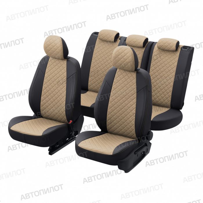 Seat covers for Kia Rio from 2017 to 2022, incl. X-Line, Rhombus pattern, eco leather, black + dark beige, Autopilot