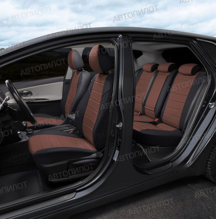 Seat covers for Peugeot 408 from 2012 to 2022, pattern Stitching, eco leather, black + dark brown, Autopilot