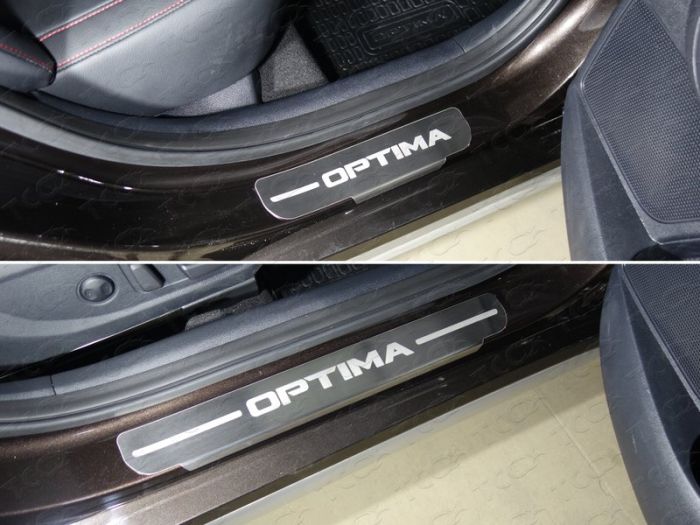 Door sills Kia Optima from 2017 to 2022, Optima lettering, brushed stainless steel steel, ext. painted, set of 4 pcs., TSS Tuning art. KIAOPT17-10