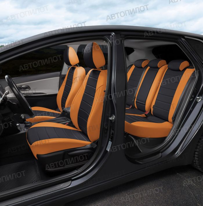 Seat covers for Audi A5 from 2007 to 2021, 2 doors, pattern Stitching, eco leather, orange + black, Autopilot