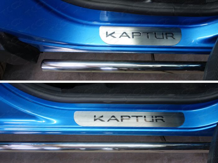 Door sill guards Renault Kaptur from 2016 to 2022, Kaptur lettering, brushed stainless steel steel, ext. painted, set of 4 pcs., TSS Tuning art. RENKAP16-09