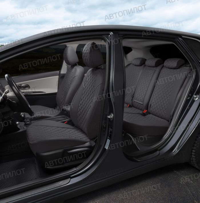 Seat covers Lada Vesta from 2015 to 2022, sedan, station wagon, cross, Rhombus pattern, eco-leather, dark gray, Autopilot