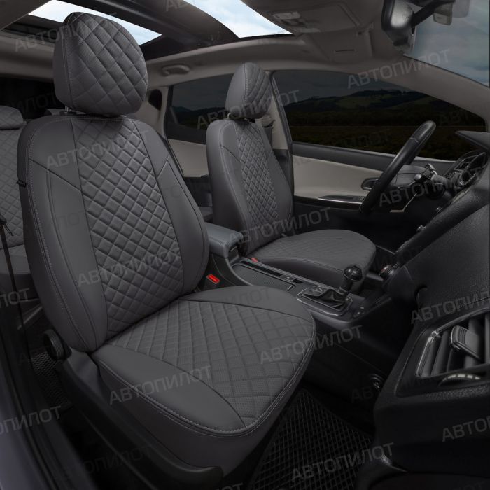 Seat covers Lada Kalina from 2014 to 2018, rear separate backrest 40/60, Rhombus pattern, eco-leather, dark grey, Autopilot