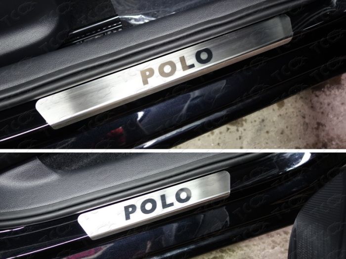 Door sills Volkswagen Polo from 2016 to 2022, Polo lettering, brushed stainless steel steel, ext. painted, set of 4 pcs., TSS Tuning art. VWPOLO16-05