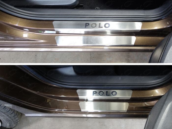 Door sills Volkswagen Polo from 2016 to 2022, Polo lettering, brushed stainless steel steel, for plastic and painted., set of 8 pcs., TSS Tuning art. VWPOLO16-20